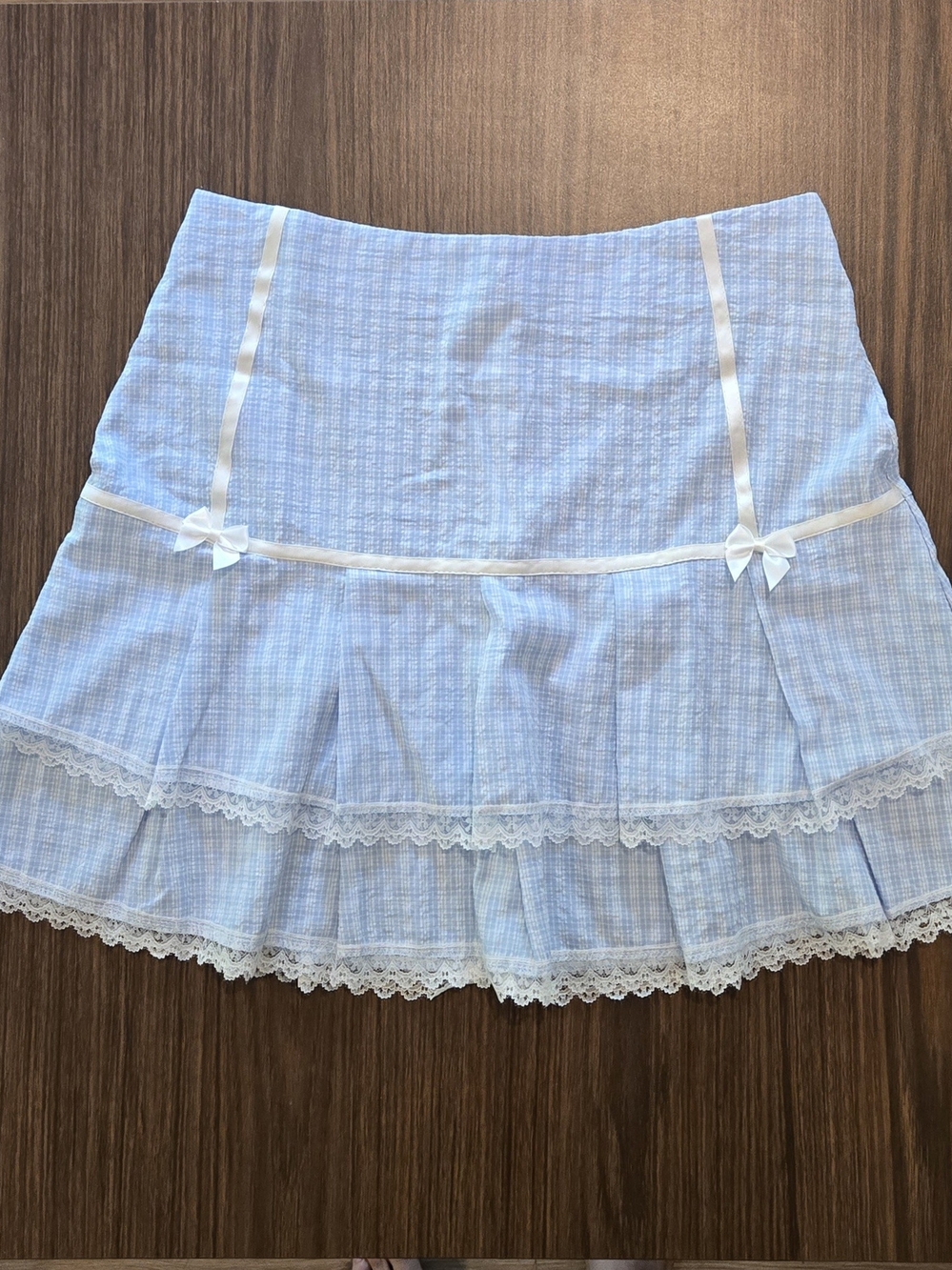 Qutie Blue Plaid Lace Trim Bow Pleated Mini Skirt